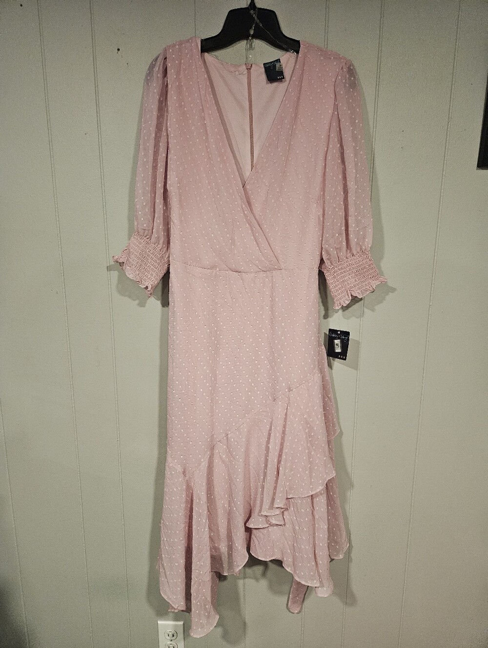 Gabby Skye 16 Blush Pink V-Neck Maxi Dress Smock Sleeve Swiss Dot Faux Wrap NWT